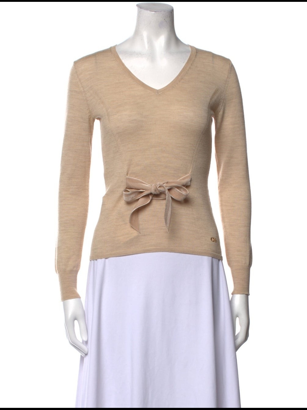 Carolina Herrera Women's Beige V-Neck Tie-Waist Sweater